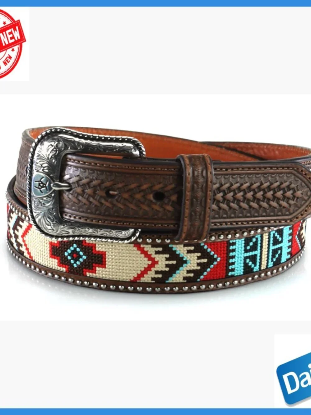 Men's Genuine Leather Western Belt with Embroidered Pattern, Size 44